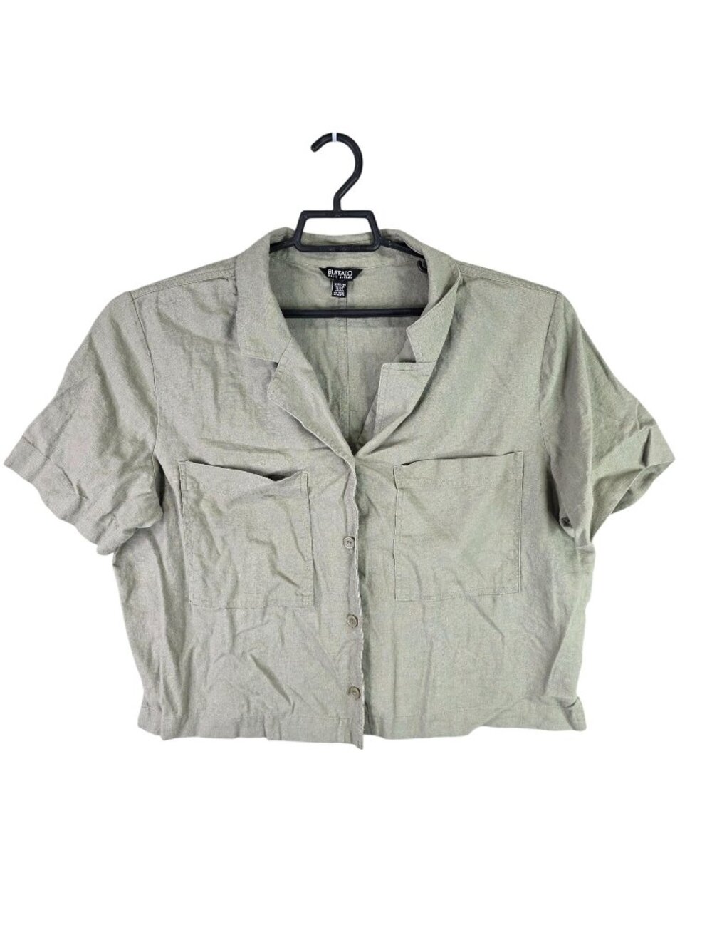 Womens Buffalo David Bitton Green Linen Blend Button Up Cropped Shirt Size XL